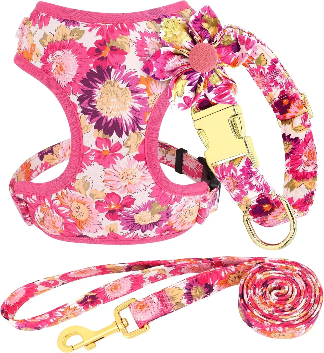 Cute Dog Collar, Harness & Leash Set with Flower - Adjustable Soft Mesh Vest for Puppies Small Medium Dogs (Pink)