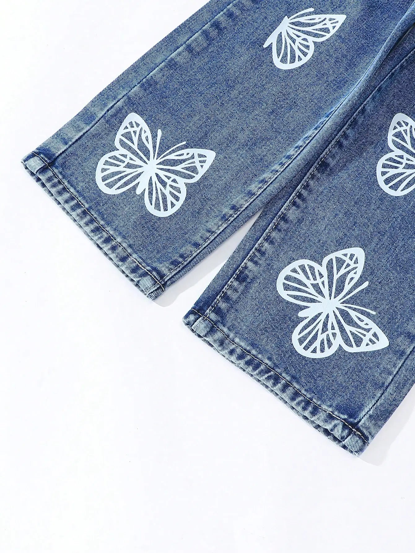 Butterfly Print Cotton Denim Jeans for Girls, Elastic Waist Loose Fit Straight Leg Pants