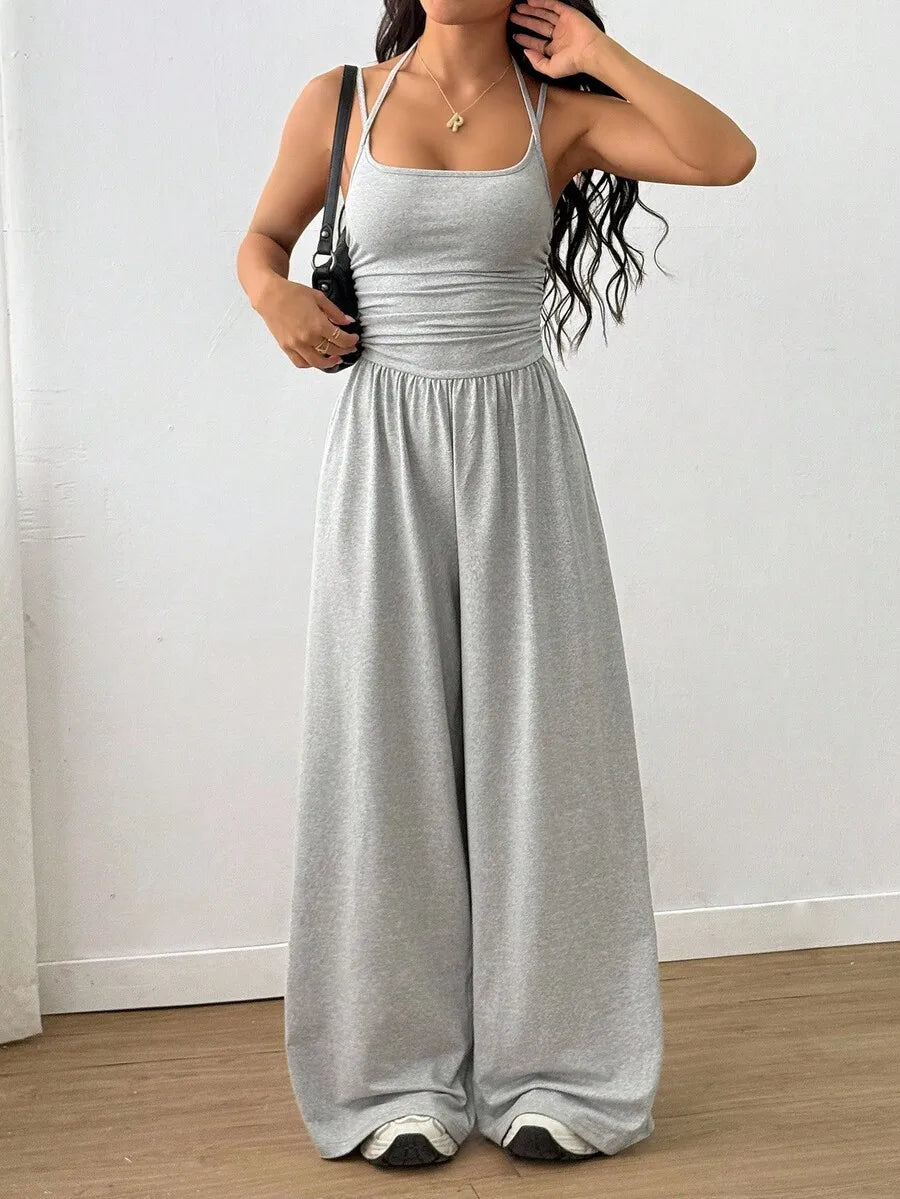 Women's Black Adjustable Strap Wide Leg Jumpsuit, Loose Fit, Spring Summer Casual