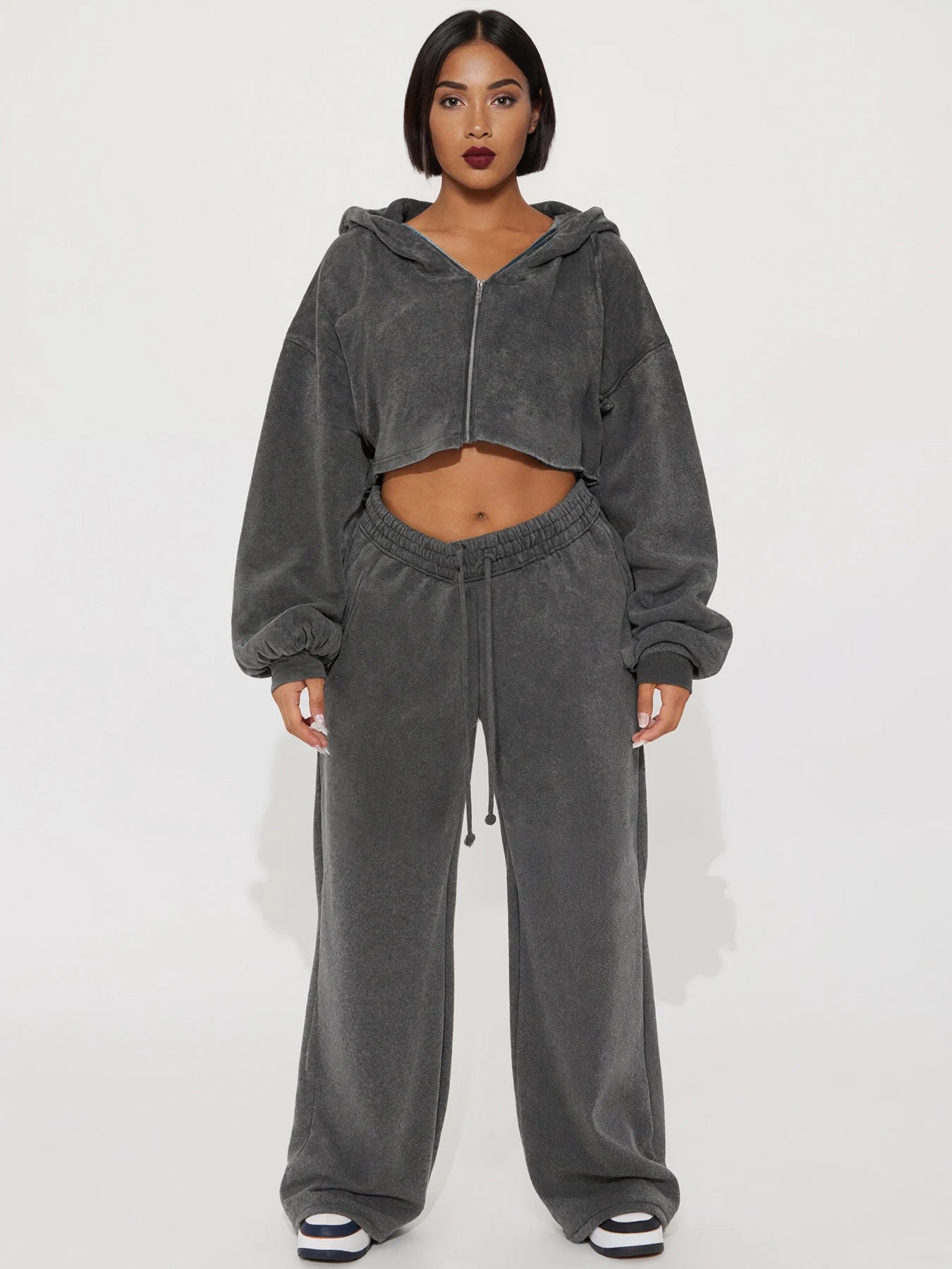 New Women's Solid Color Long Sleeve Hooded Zipper Sweatshirt and Casual Joggers Set
