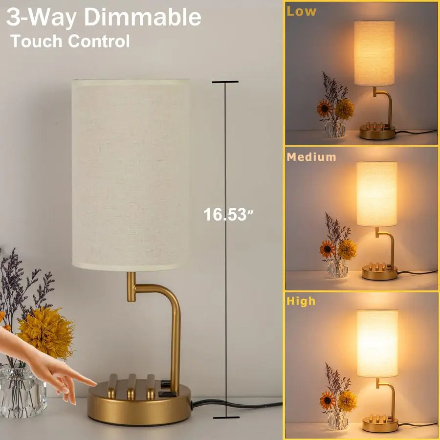 Dreamholder Touch Control USB Table Lamp, Upgraded 3Way Dimmable Bedside Desk Lamp with USB C A Charging Ports and AC Outlet, N
