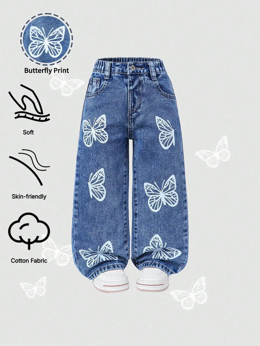Butterfly Print Cotton Denim Jeans for Girls, Elastic Waist Loose Fit Straight Leg Pants