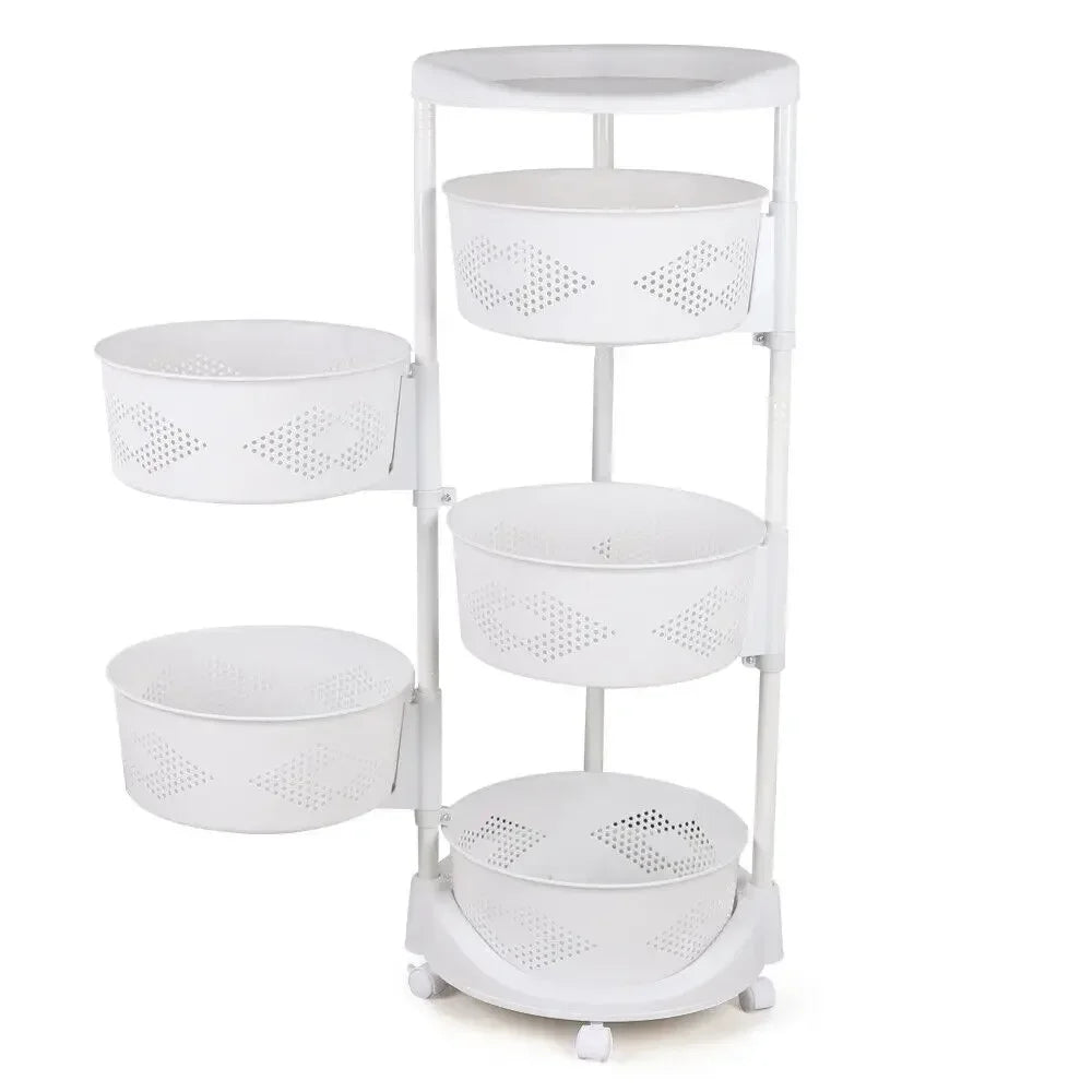 5 Tier Rotating Kitchen Organizer Rack 360° Swivel Baskets Adjustable Height with Wheels for Fruit Vegetable Pantry Storage