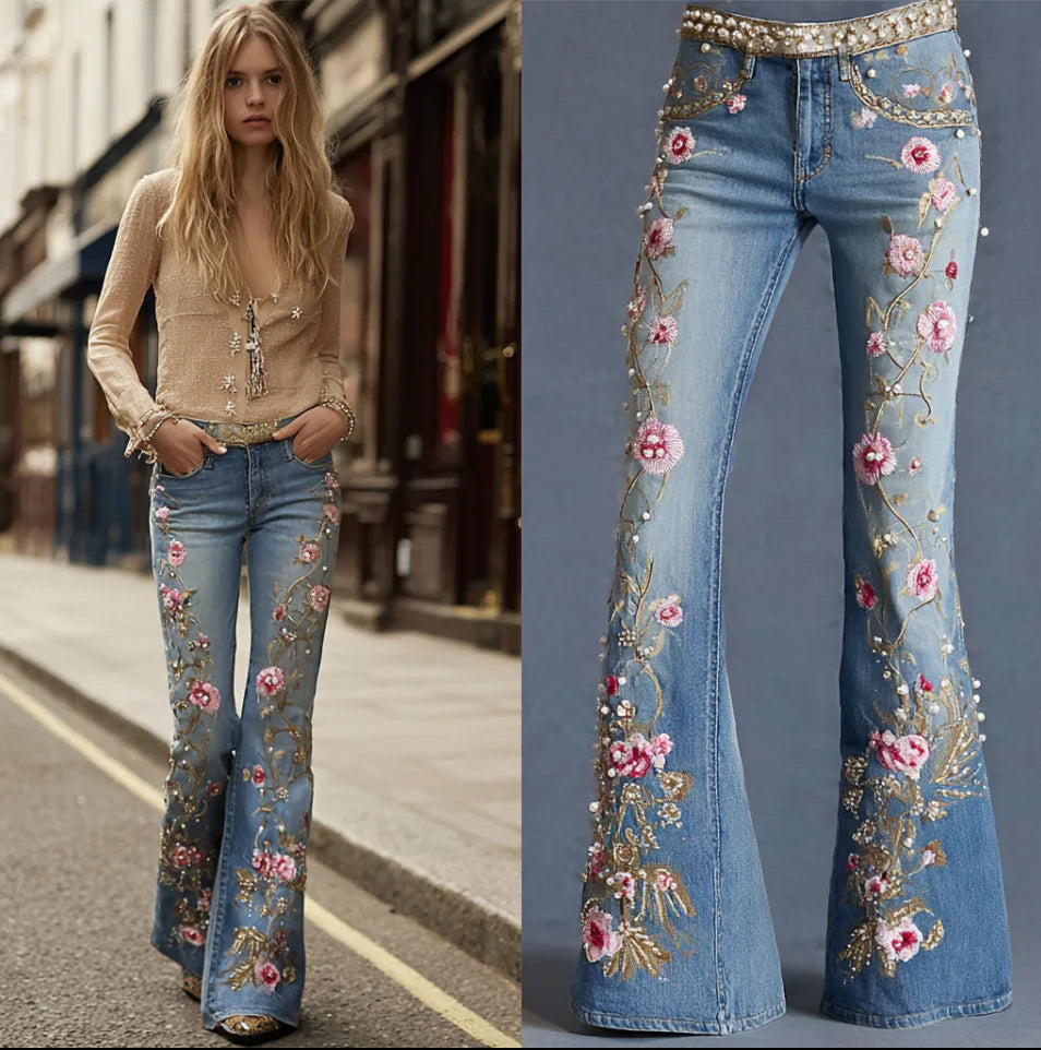 2026 Spring New Arrival Women's Blue Jeans, 3D Printed Accents, Black Stretch Denim Trousers. American Flag/Eagle/Flower Pants.