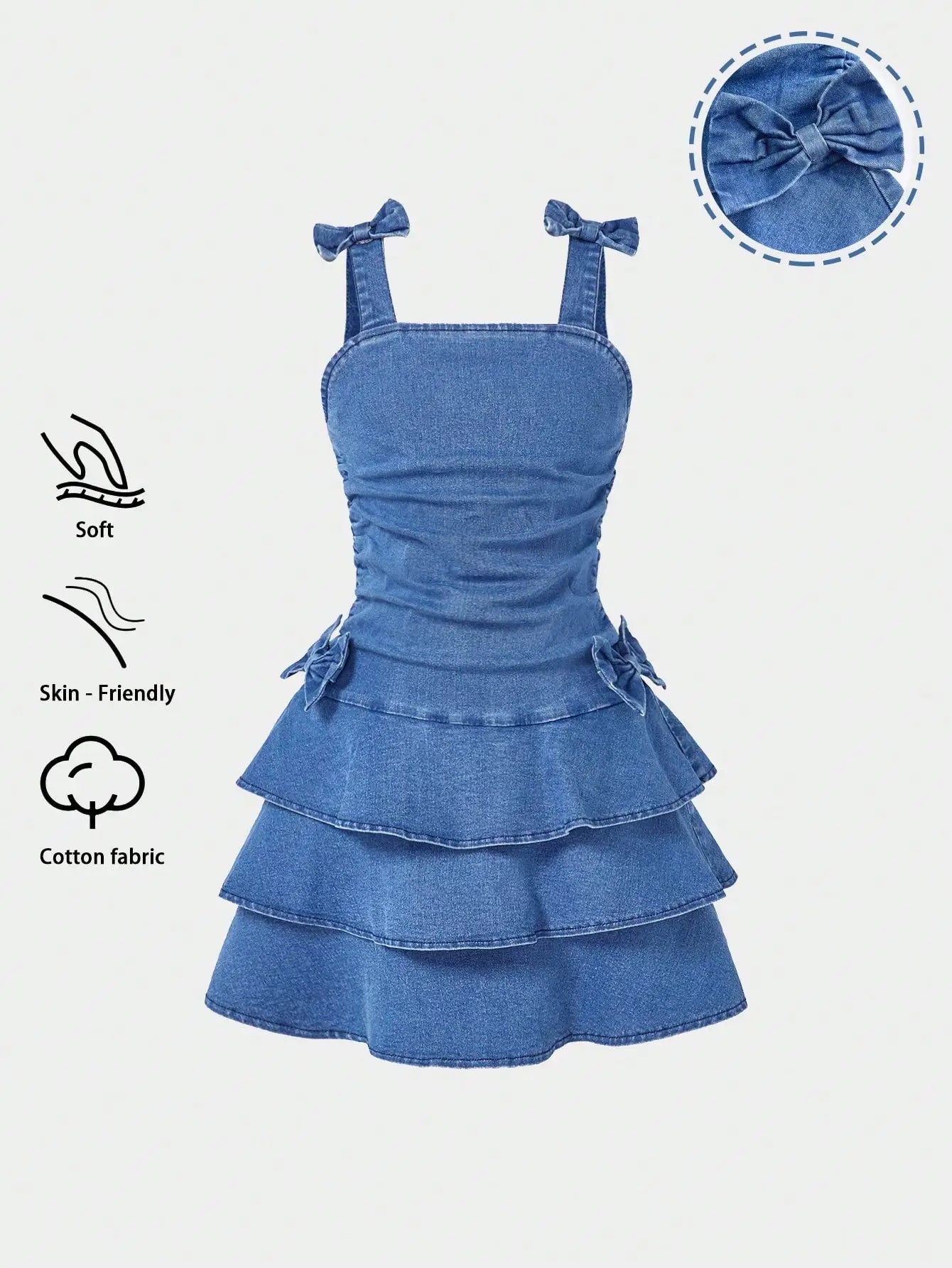 Girls Denim Tiered Ruffle Dress with Bowknot Straps, Soft Cotton, Elastic Waist, Summer Casual