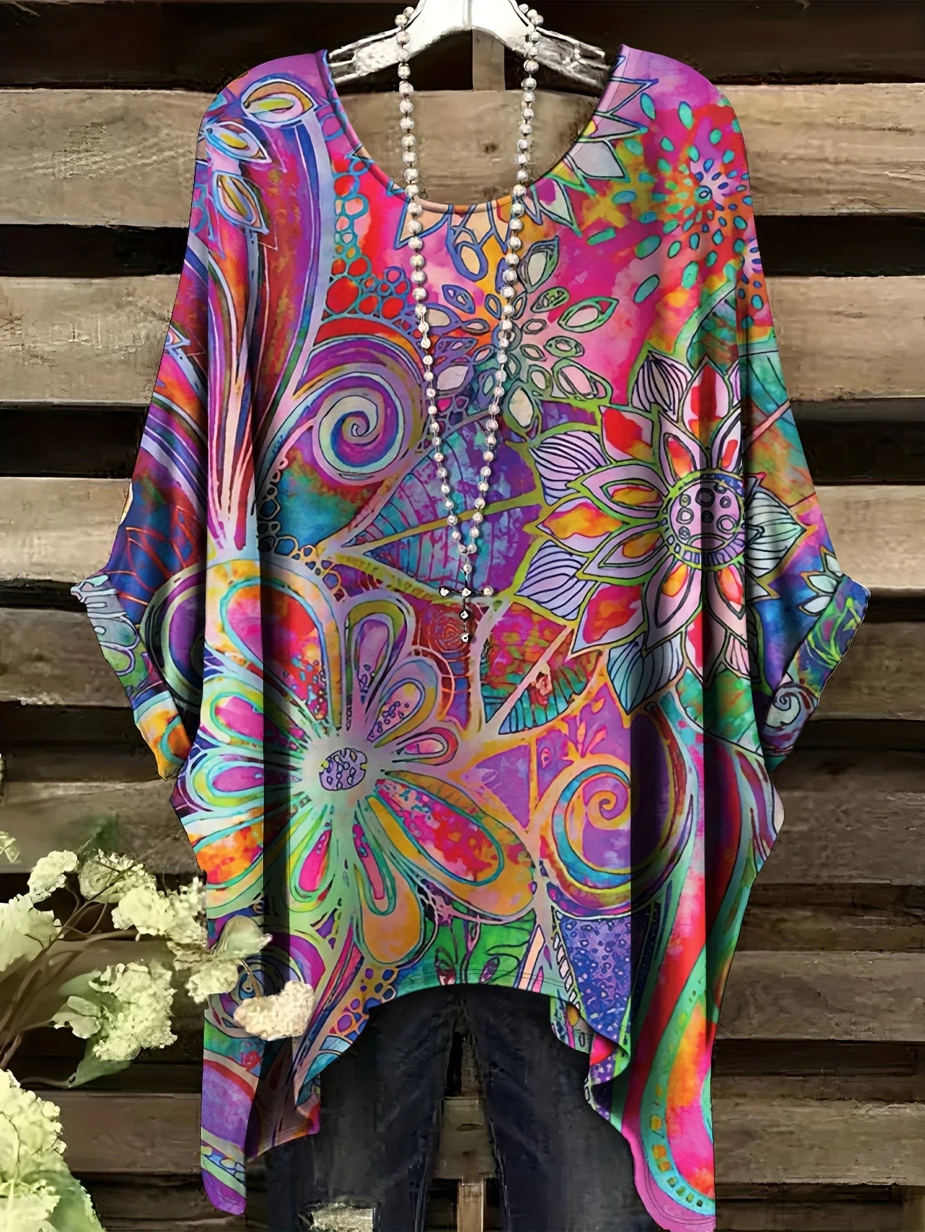 Top with a Rainbow Striped Pattern Tunic T shirt Women T-Shirt Versatile Casual Loose-Fitting Bohemian Clothing Woman Top
