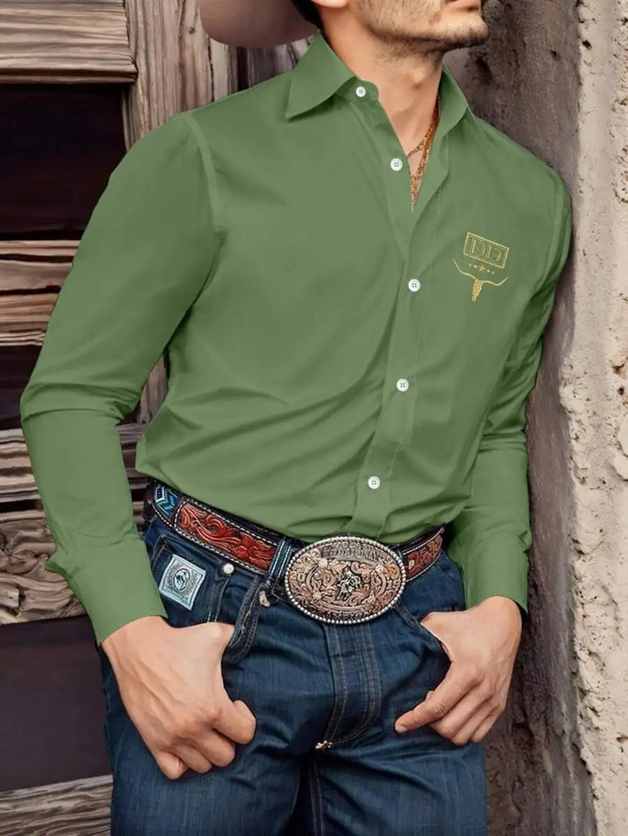 Men's Black Long Sleeve Button-Up Shirt with Western Bull Logo, Casual Business Wear for Fall