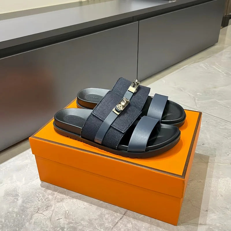 Unisex Double Strap Summer Slide Sandals Metal Buckle Non-slip Leather Indoor Outdoor Slippers
