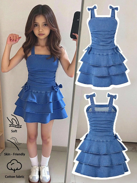 Girls Denim Tiered Ruffle Dress with Bowknot Straps, Soft Cotton, Elastic Waist, Summer Casual