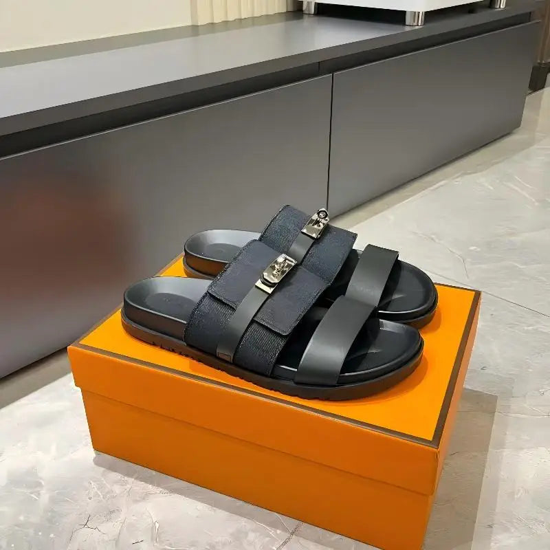 Unisex Double Strap Summer Slide Sandals Metal Buckle Non-slip Leather Indoor Outdoor Slippers