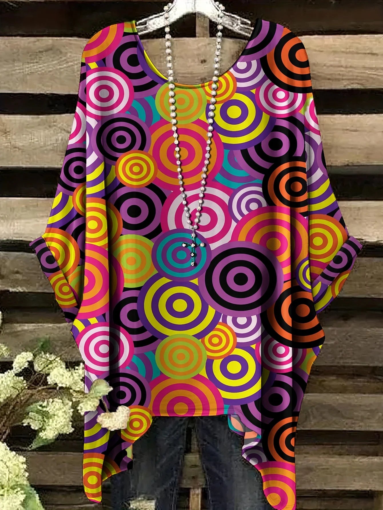 Top with a Rainbow Striped Pattern Tunic T shirt Women T-Shirt Versatile Casual Loose-Fitting Bohemian Clothing Woman Top