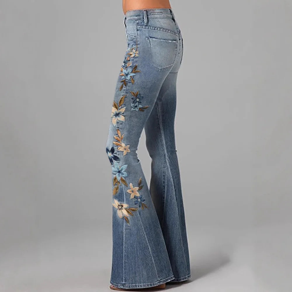 2026 Spring New Arrival Women's Blue Jeans, 3D Printed Accents, Black Stretch Denim Trousers. American Flag/Eagle/Flower Pants.