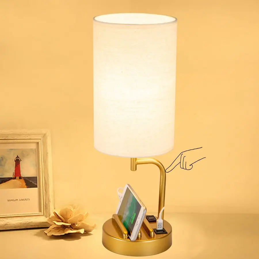 Dreamholder Touch Control USB Table Lamp, Upgraded 3Way Dimmable Bedside Desk Lamp with USB C A Charging Ports and AC Outlet, N