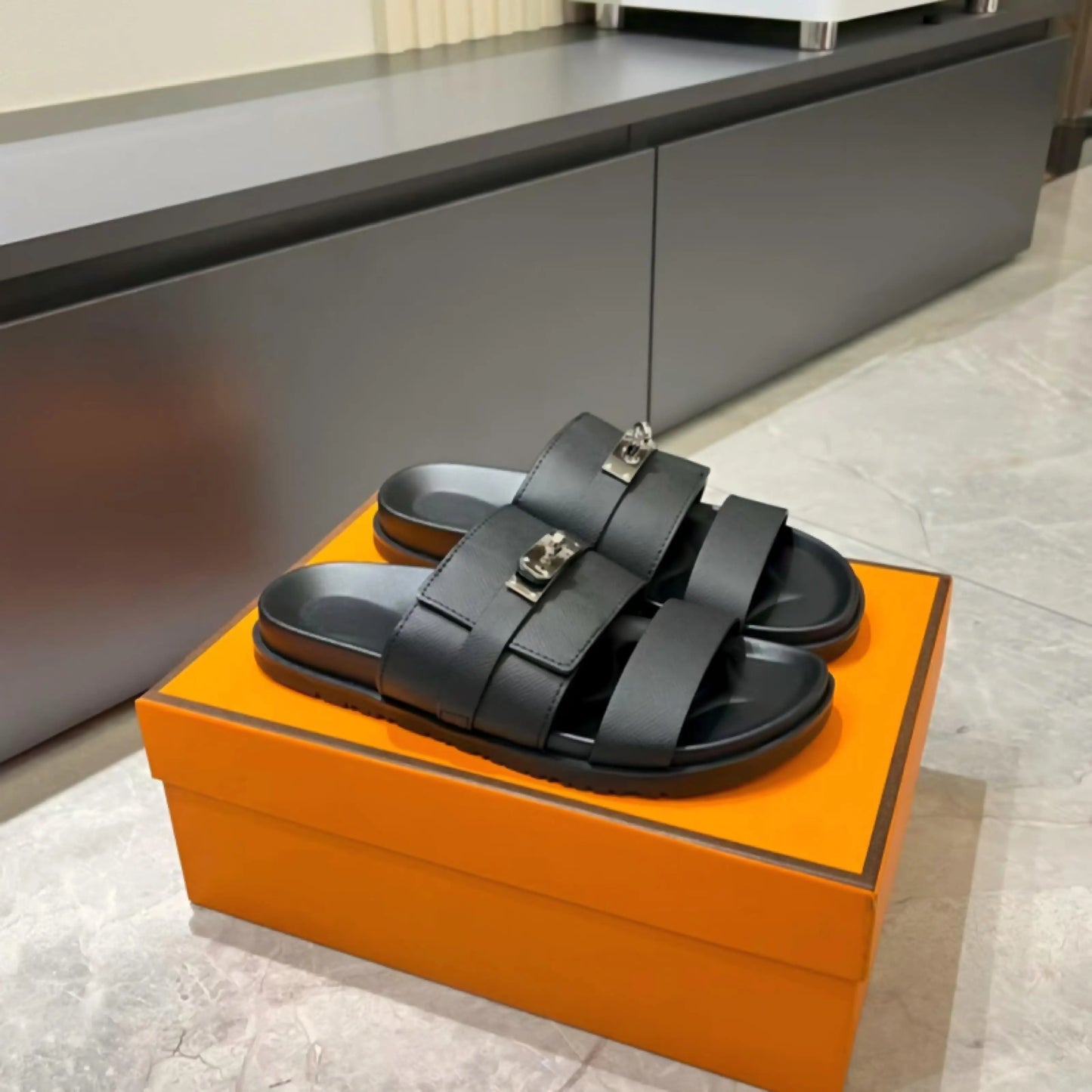 Unisex Double Strap Summer Slide Sandals Metal Buckle Non-slip Leather Indoor Outdoor Slippers