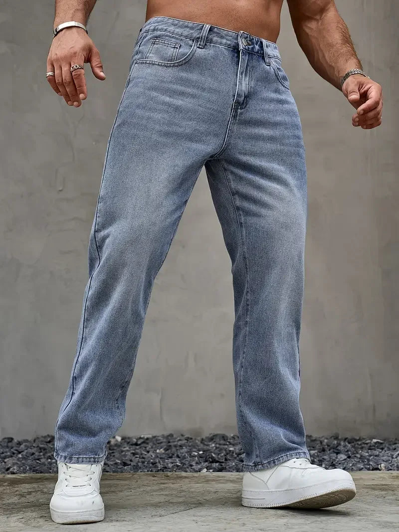 Men'S Washed Light Blue Loose Fit Jeans - All-Season, Non-Stretch Denim, Regular Length, Casual Style, Casual Wear Jeans | Relax