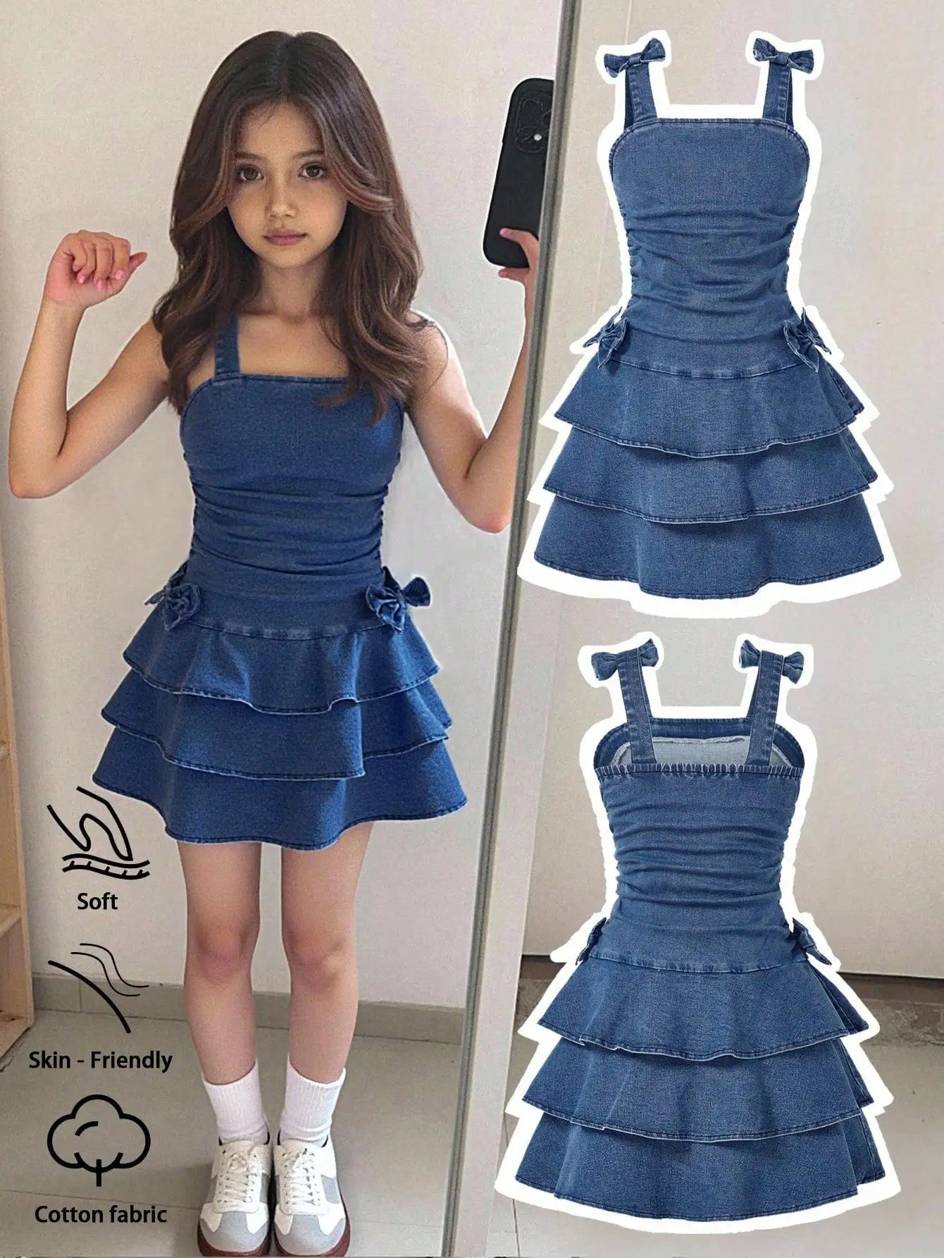 Girls Denim Tiered Ruffle Dress with Bowknot Straps, Soft Cotton, Elastic Waist, Summer Casual