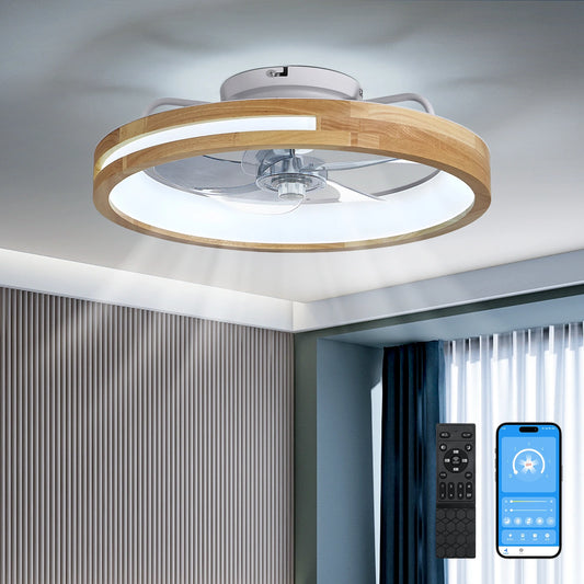 Modern Low Profile Ceiling Fans with Lights and Remote, 20" Wooden Flush Mount Reversible Bladeless Dimmable LED Timing