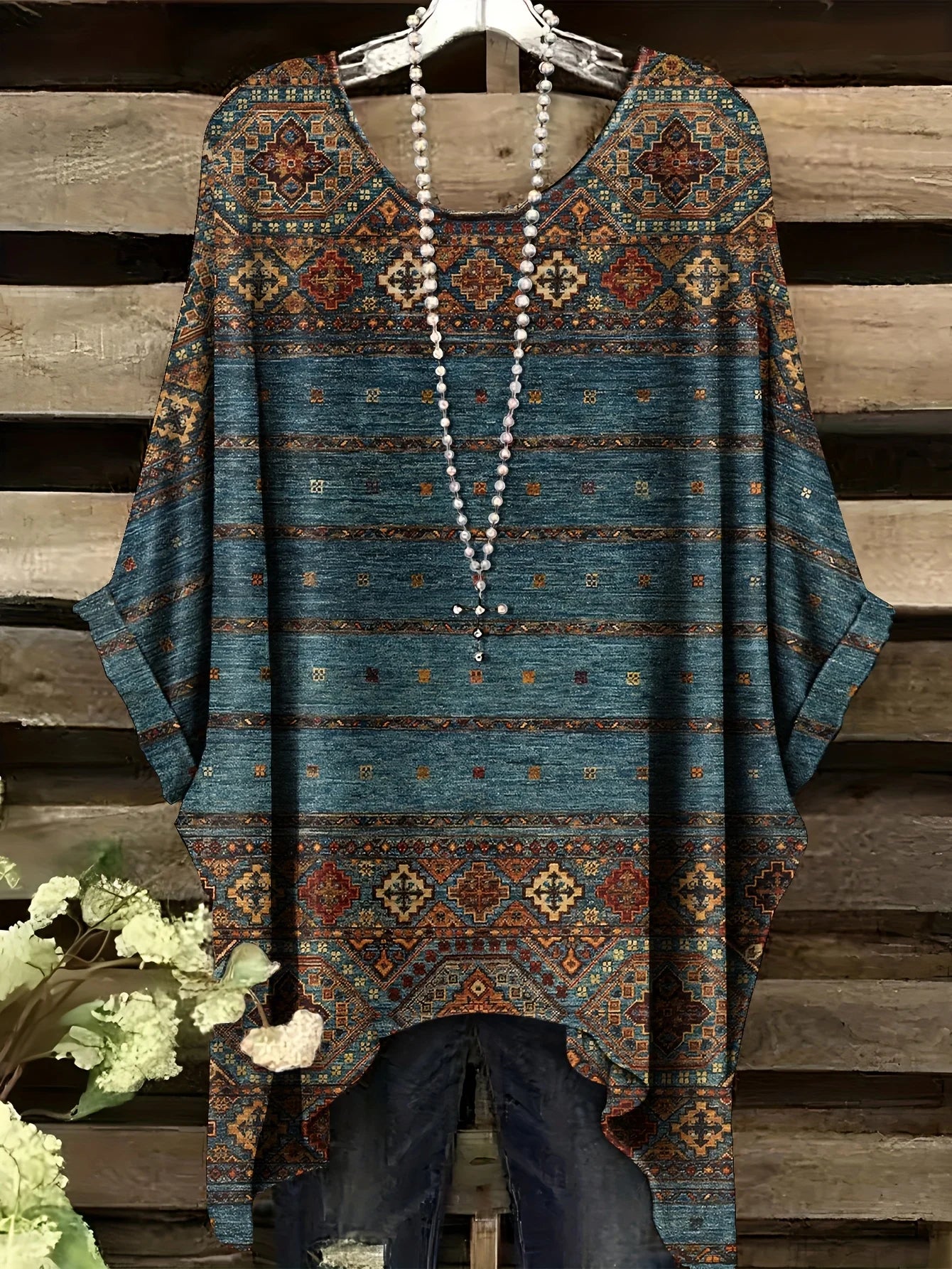 Top with a Rainbow Striped Pattern Tunic T shirt Women T-Shirt Versatile Casual Loose-Fitting Bohemian Clothing Woman Top