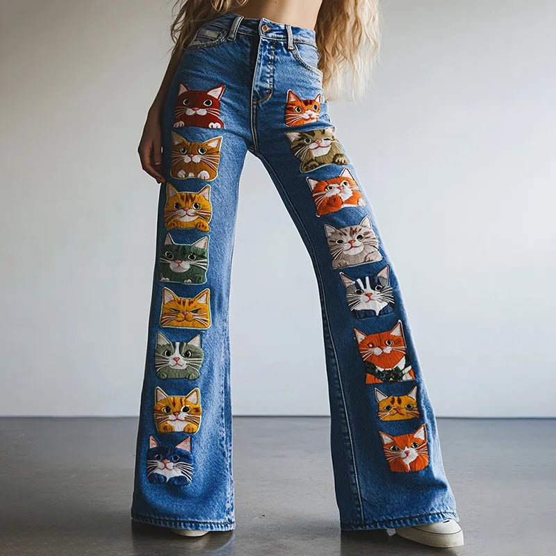 2026 Spring New Arrival Women's Blue Jeans, 3D Printed Accents, Black Stretch Denim Trousers. American Flag/Eagle/Flower Pants.