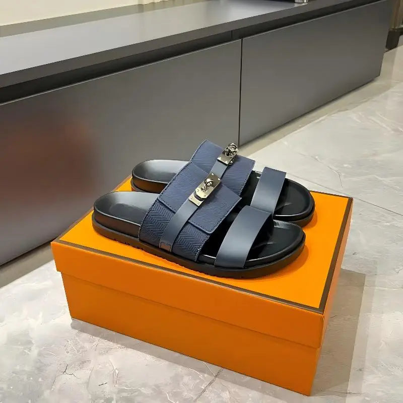 Unisex Double Strap Summer Slide Sandals Metal Buckle Non-slip Leather Indoor Outdoor Slippers