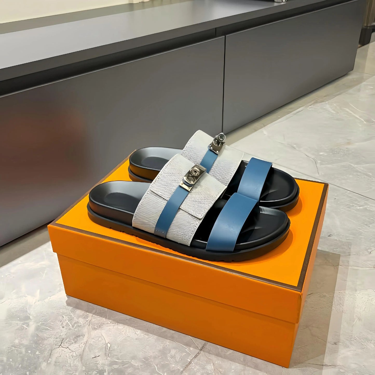 Unisex Double Strap Summer Slide Sandals Metal Buckle Non-slip Leather Indoor Outdoor Slippers