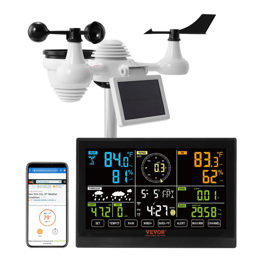 SucceBuy 7-in-1 Wi-Fi Weather Station, 7.5 in Color Display Solar Wireless Outdoor Sensor Alarm Alerts for Temperature Humidity