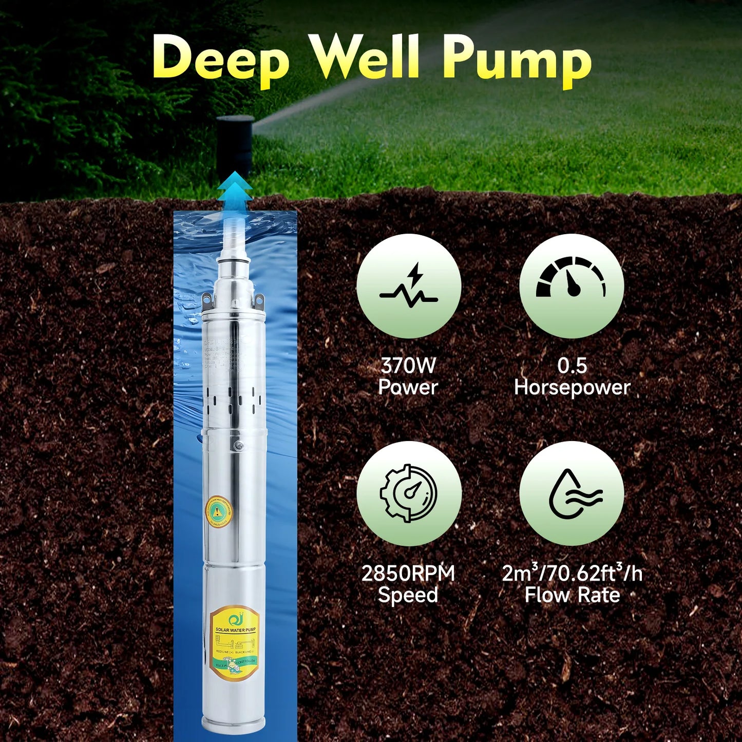 24V DC Submersible Well Pump for Solar System Stainless Steel 65m Deep Water Pump Pure Copper Motor 370W 2m³/h Flow for Farm