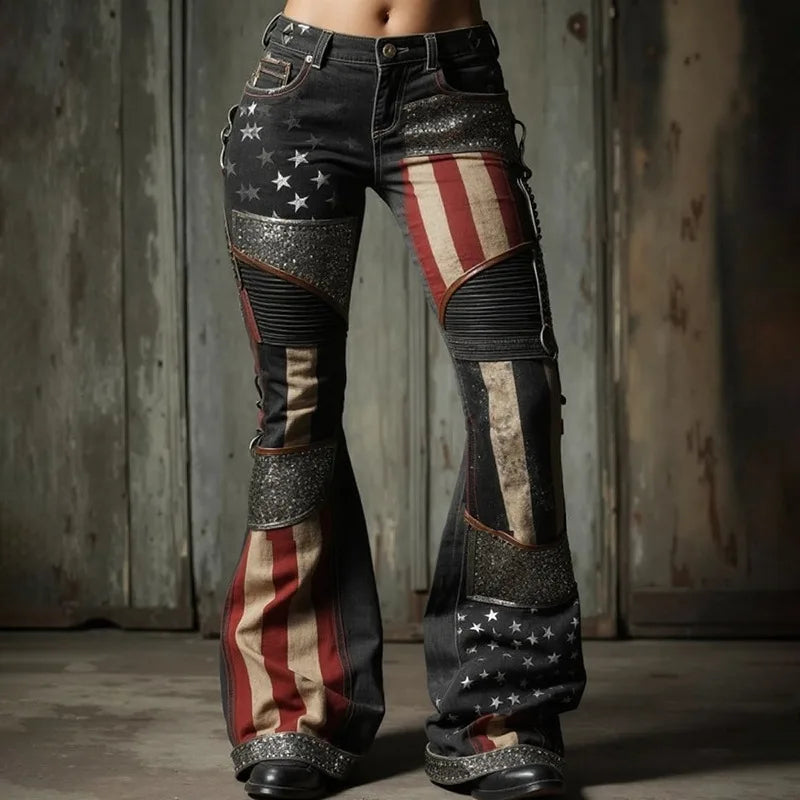 2026 Spring New Arrival Women's Blue Jeans, 3D Printed Accents, Black Stretch Denim Trousers. American Flag/Eagle/Flower Pants.