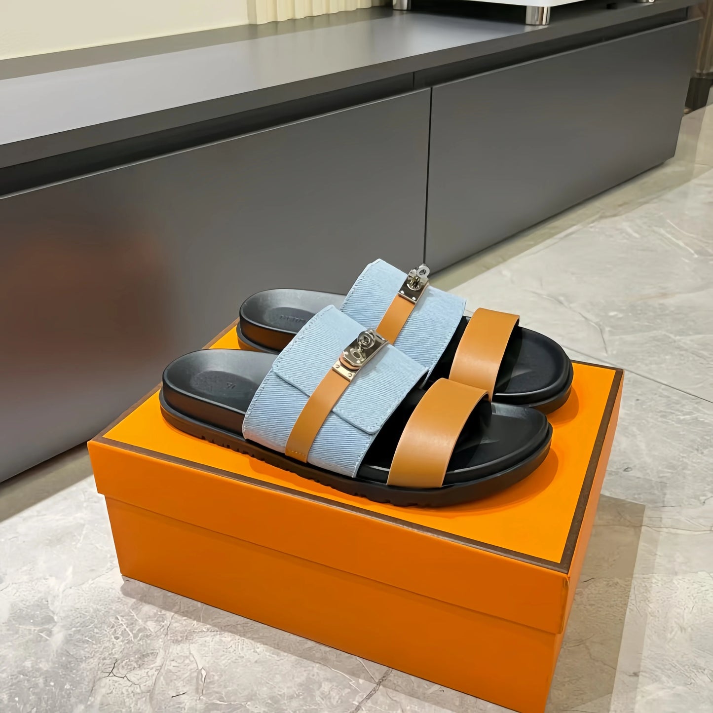Unisex Double Strap Summer Slide Sandals Metal Buckle Non-slip Leather Indoor Outdoor Slippers