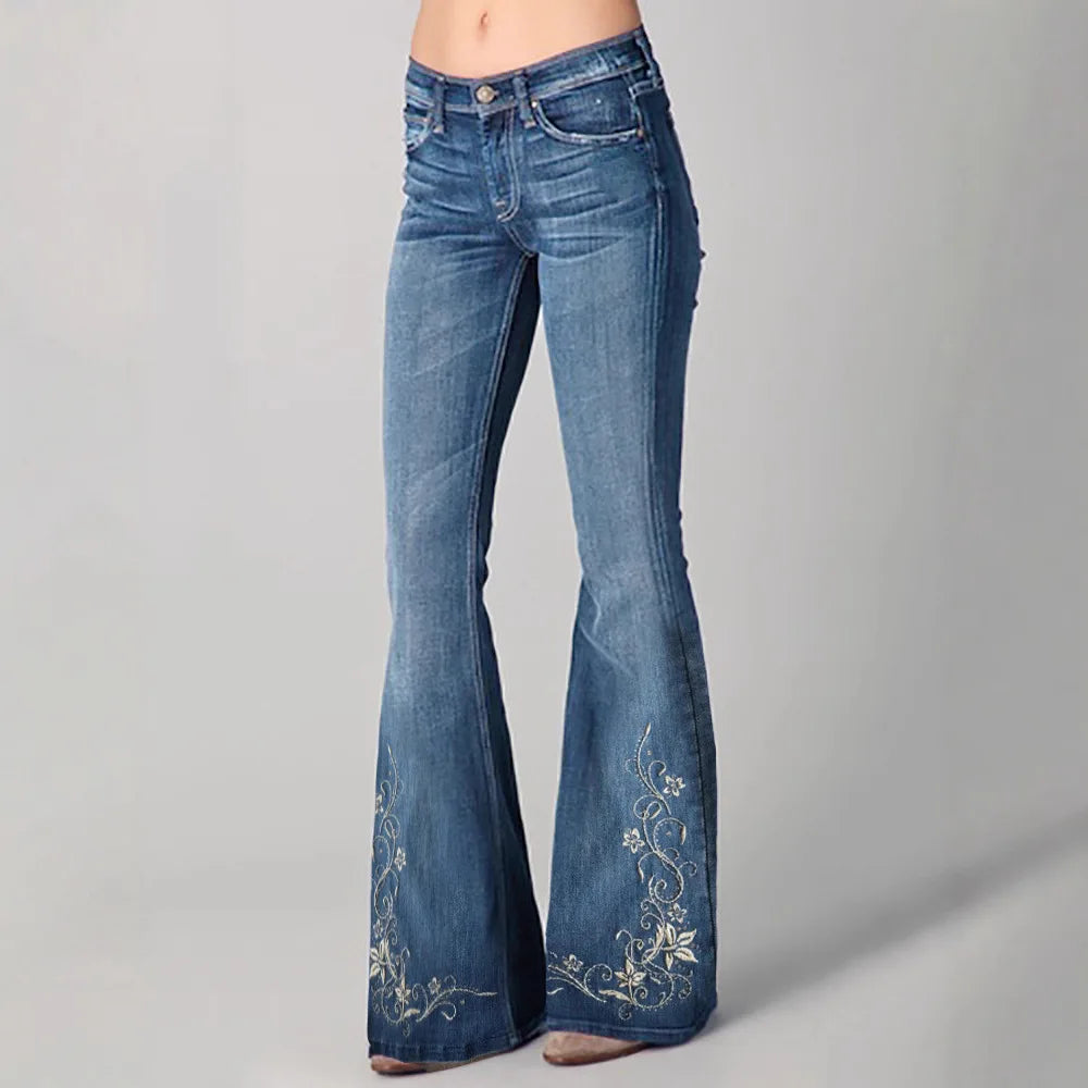 2026 Spring New Arrival Women's Blue Jeans, 3D Printed Accents, Black Stretch Denim Trousers. American Flag/Eagle/Flower Pants.