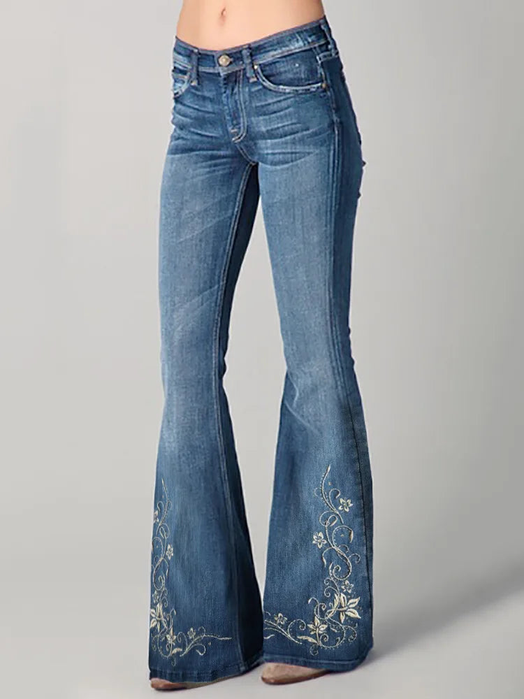 2026 Spring New Arrival Women's Blue Jeans, 3D Printed Accents, Black Stretch Denim Trousers. American Flag/Eagle/Flower Pants.