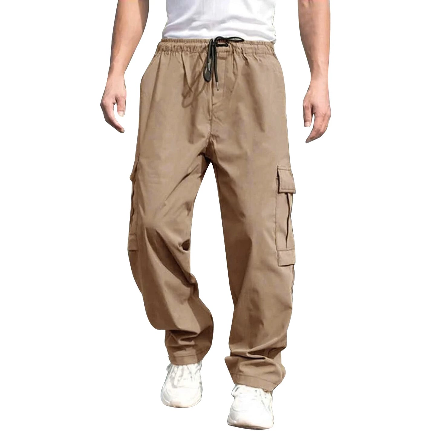 Men s Loose Cargo Long Pants Solid Color Drawstring Waist Straight Leg Trousers Casual Work Pants with Pockets