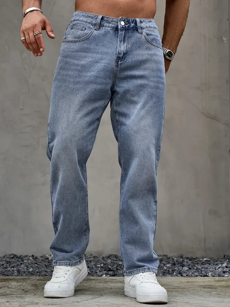 Men'S Washed Light Blue Loose Fit Jeans - All-Season, Non-Stretch Denim, Regular Length, Casual Style, Casual Wear Jeans | Relax