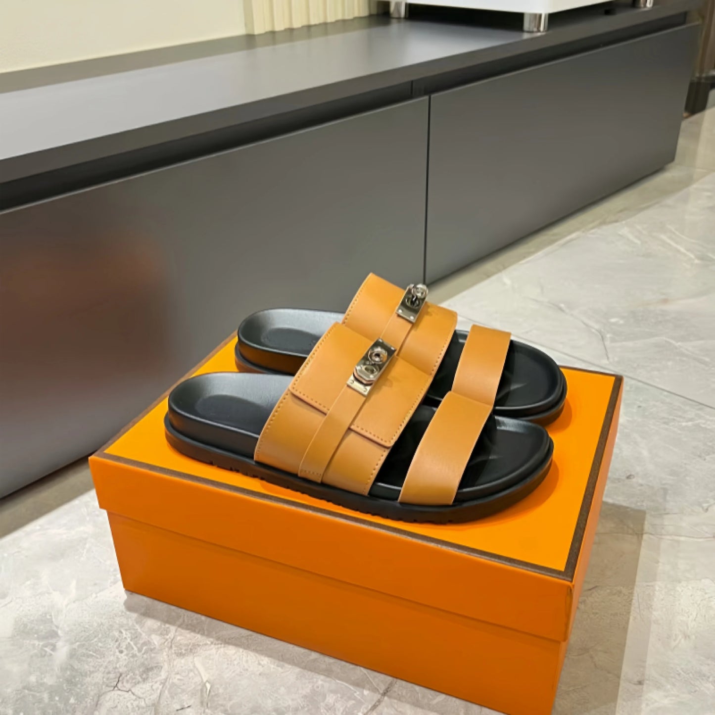 Unisex Double Strap Summer Slide Sandals Metal Buckle Non-slip Leather Indoor Outdoor Slippers