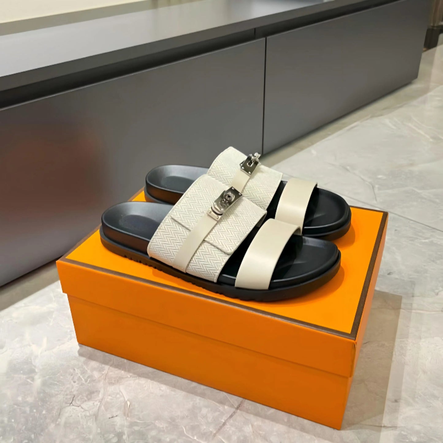 Unisex Double Strap Summer Slide Sandals Metal Buckle Non-slip Leather Indoor Outdoor Slippers