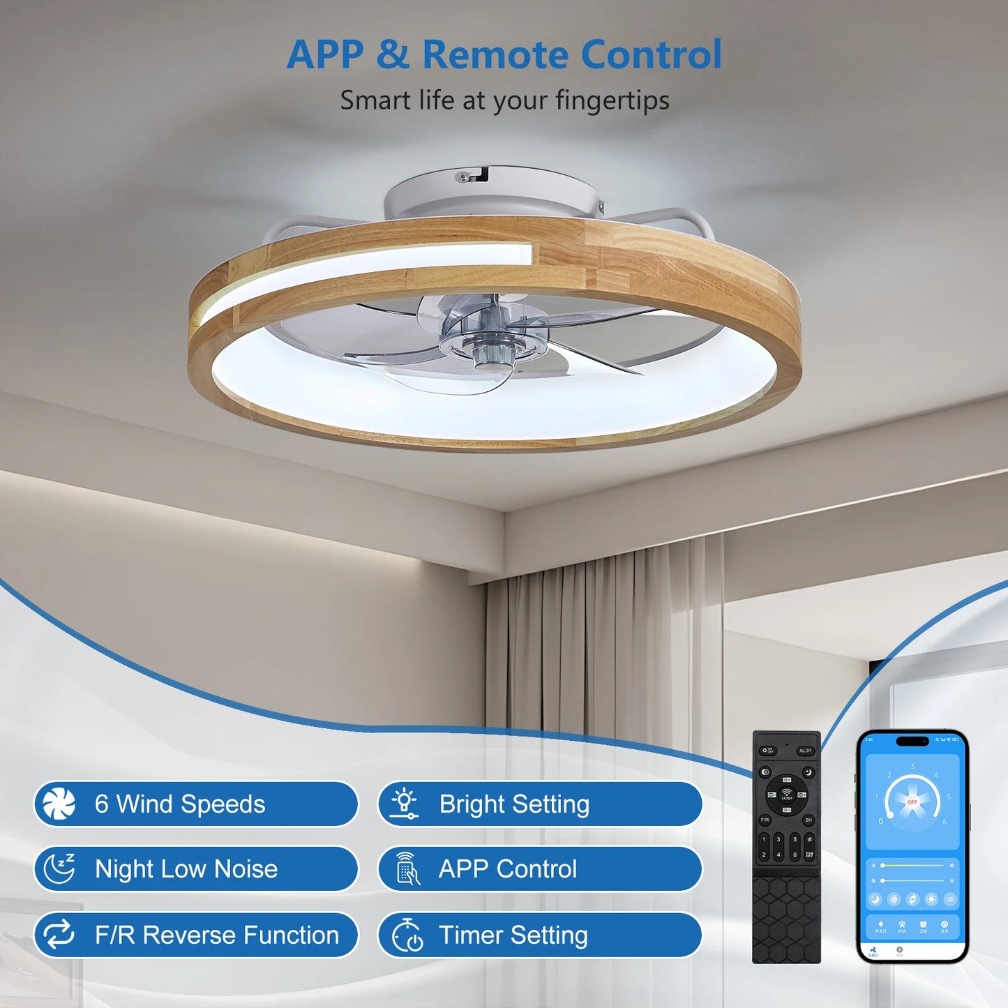 Modern Low Profile Ceiling Fans with Lights and Remote, 20" Wooden Flush Mount Reversible Bladeless Dimmable LED Timing