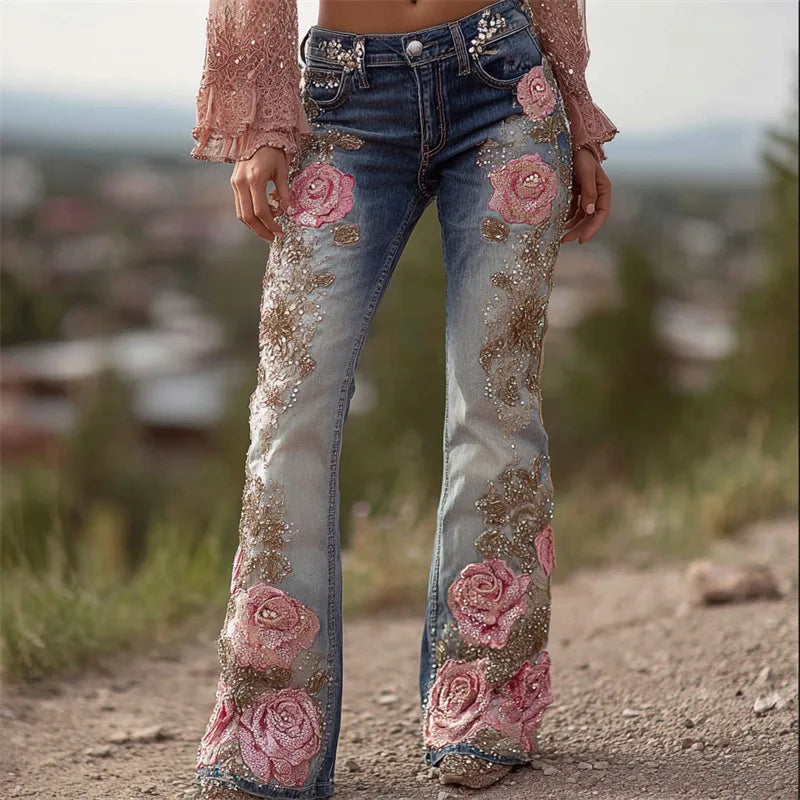 2026 Spring New Arrival Women's Blue Jeans, 3D Printed Accents, Black Stretch Denim Trousers. American Flag/Eagle/Flower Pants.