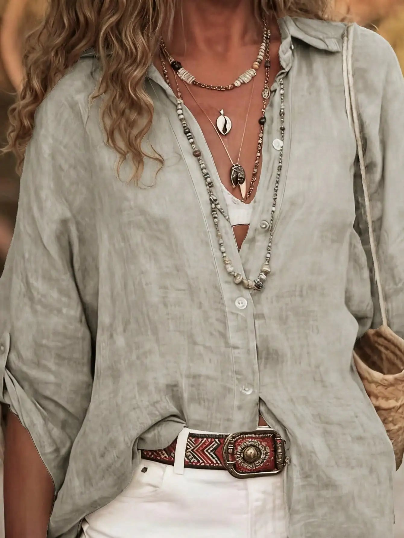 Women's Casual Linen Shirt With Rolled Cuff And Button Detail Turn-Down Collar Long Sleeve
