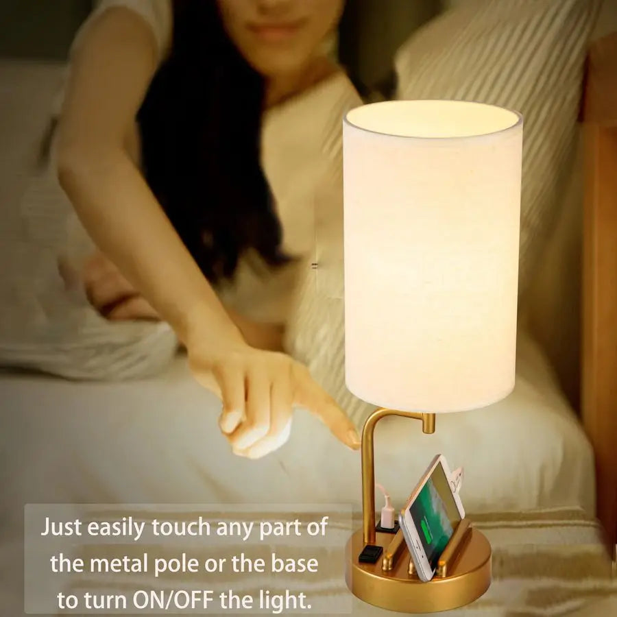 Dreamholder Touch Control USB Table Lamp, Upgraded 3Way Dimmable Bedside Desk Lamp with USB C A Charging Ports and AC Outlet, N