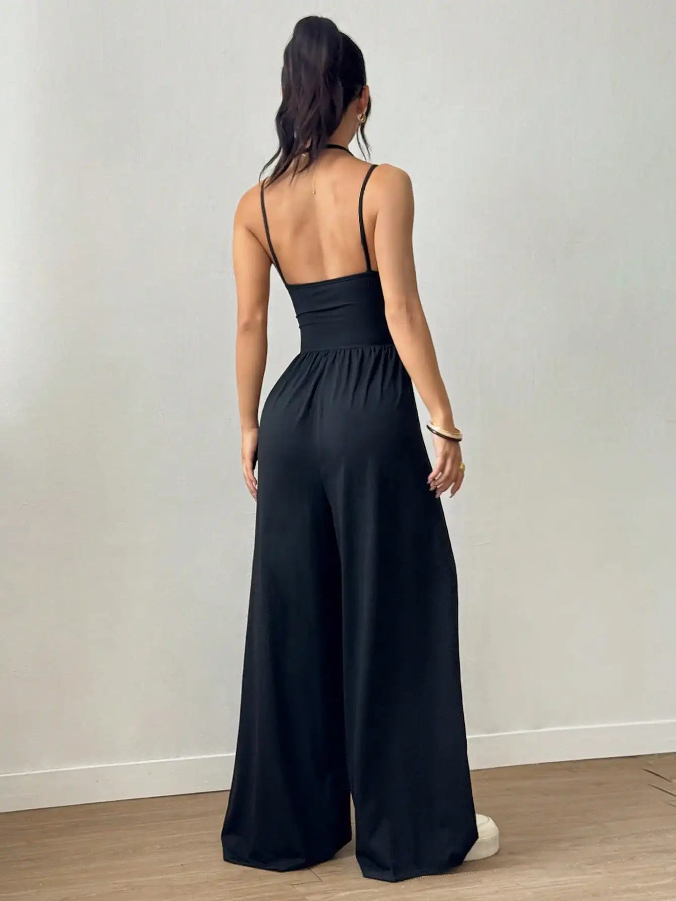 Women's Black Adjustable Strap Wide Leg Jumpsuit, Loose Fit, Spring Summer Casual