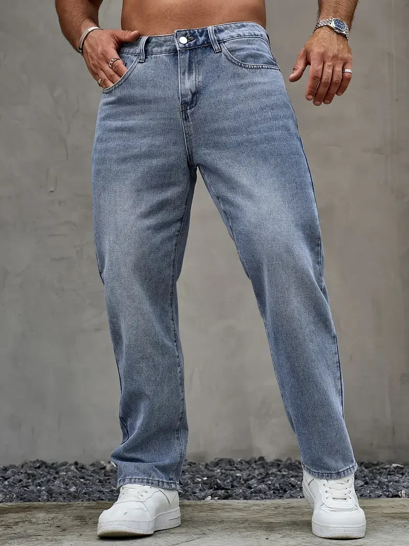 Men'S Washed Light Blue Loose Fit Jeans - All-Season, Non-Stretch Denim, Regular Length, Casual Style, Casual Wear Jeans | Relax