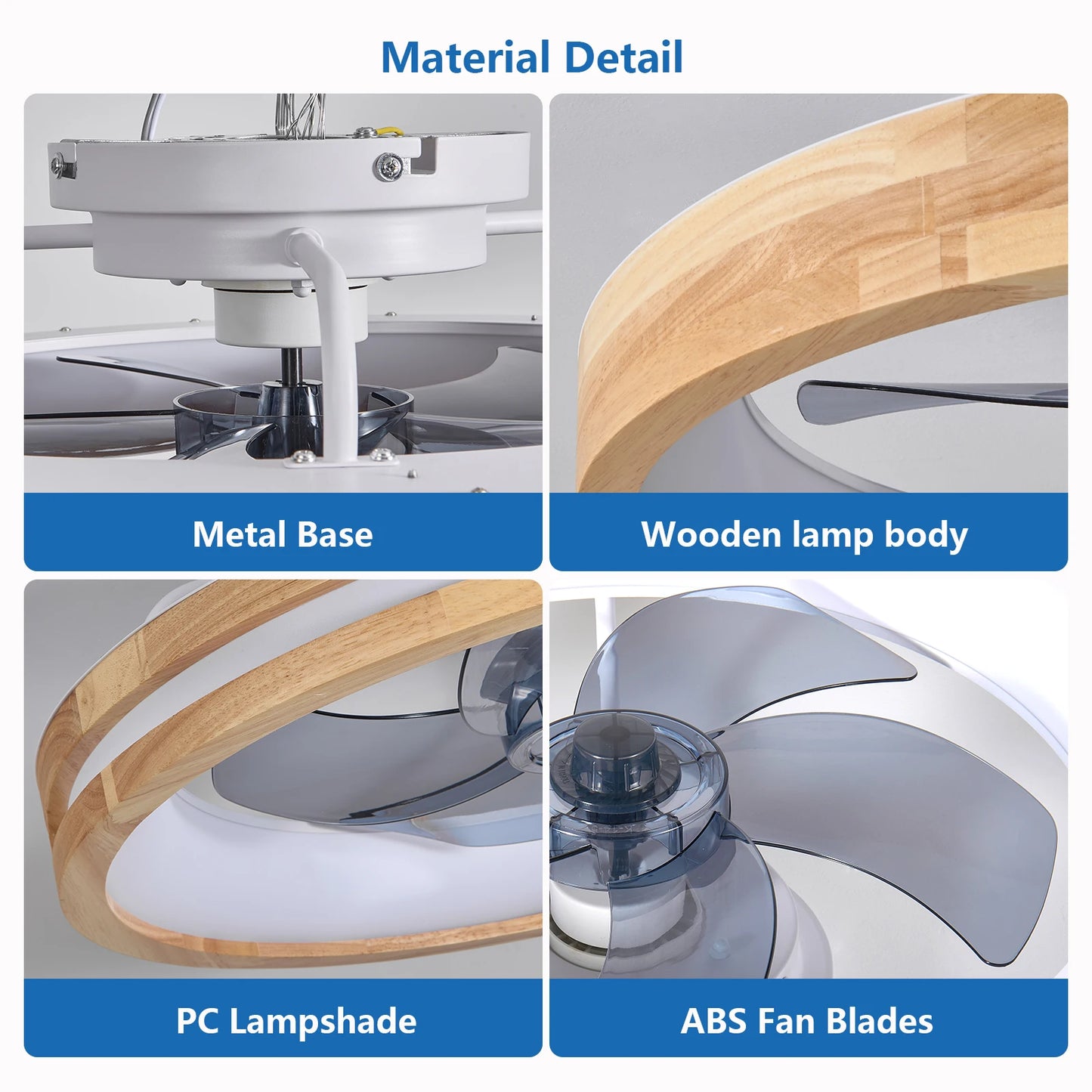 Modern Low Profile Ceiling Fans with Lights and Remote, 20" Wooden Flush Mount Reversible Bladeless Dimmable LED Timing