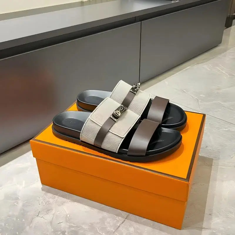 Unisex Double Strap Summer Slide Sandals Metal Buckle Non-slip Leather Indoor Outdoor Slippers