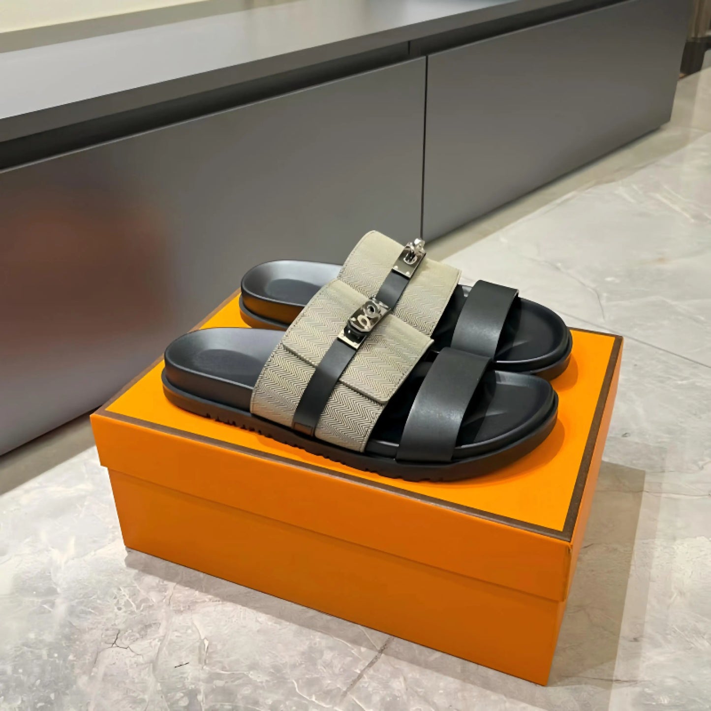 Unisex Double Strap Summer Slide Sandals Metal Buckle Non-slip Leather Indoor Outdoor Slippers
