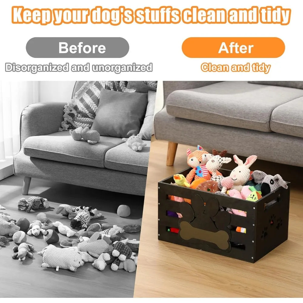 Large Dog Toy Basket Wood Dog Toy Bin Storage Baskets Box with Handles and Label Position Design Large Organizer with Paw Patter