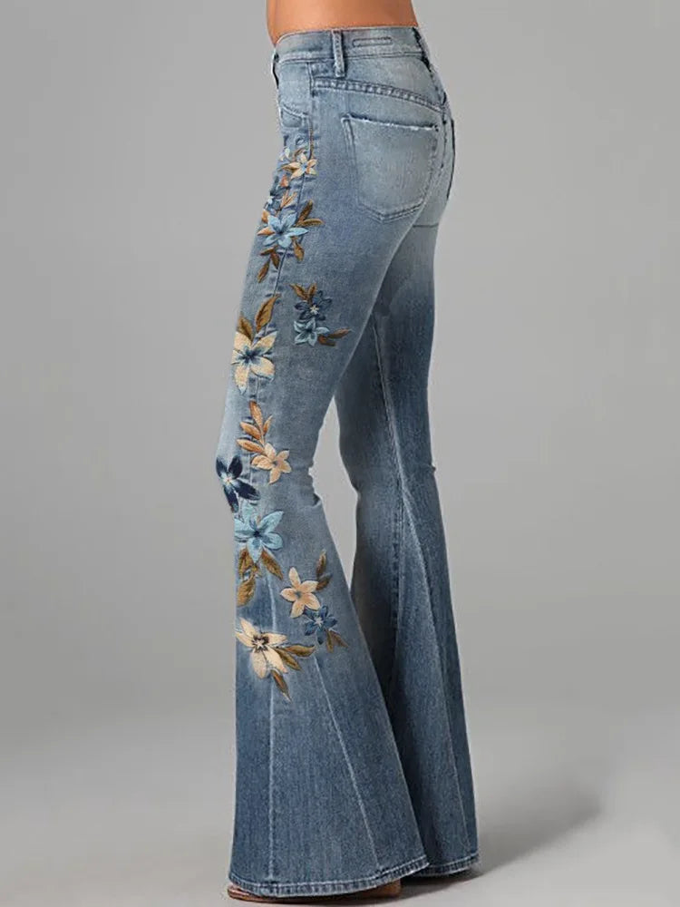 2026 Spring New Arrival Women's Blue Jeans, 3D Printed Accents, Black Stretch Denim Trousers. American Flag/Eagle/Flower Pants.