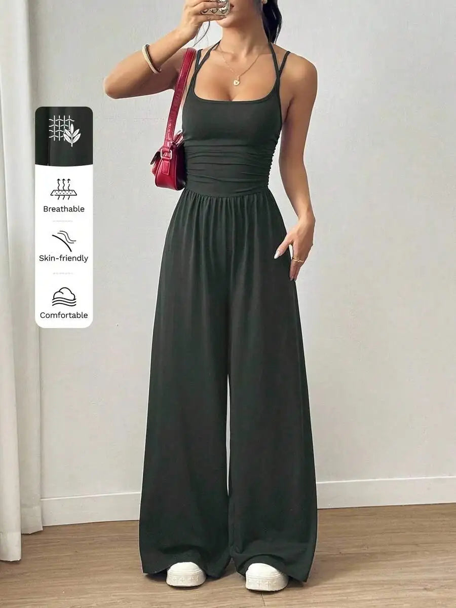 Women's Black Adjustable Strap Wide Leg Jumpsuit, Loose Fit, Spring Summer Casual